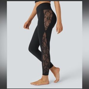 HALARA Black Leggings with Floral Lace Inset